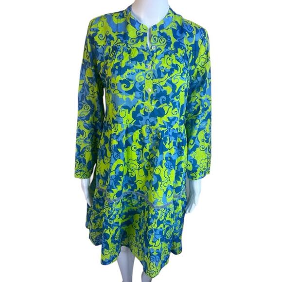 Ro's Garden Dresses & Skirts - Ro’s Garden Floral Tiered Mini Dress Womens S Blue Green Boho Resort Button